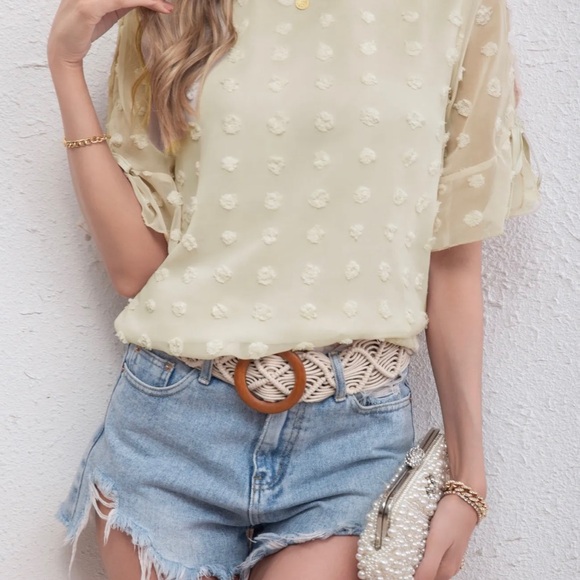 NWOT Swiss polka dot lace up sleeve women’s ladies blouse top size small beige - Picture 10 of 10